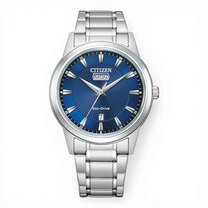 Citizen men's stainless steel Eco-Drive watch with blue dial, day and date window.