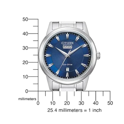 Citizen men's silver stainless steel watch with blue dial, Eco-Drive, day and date display.