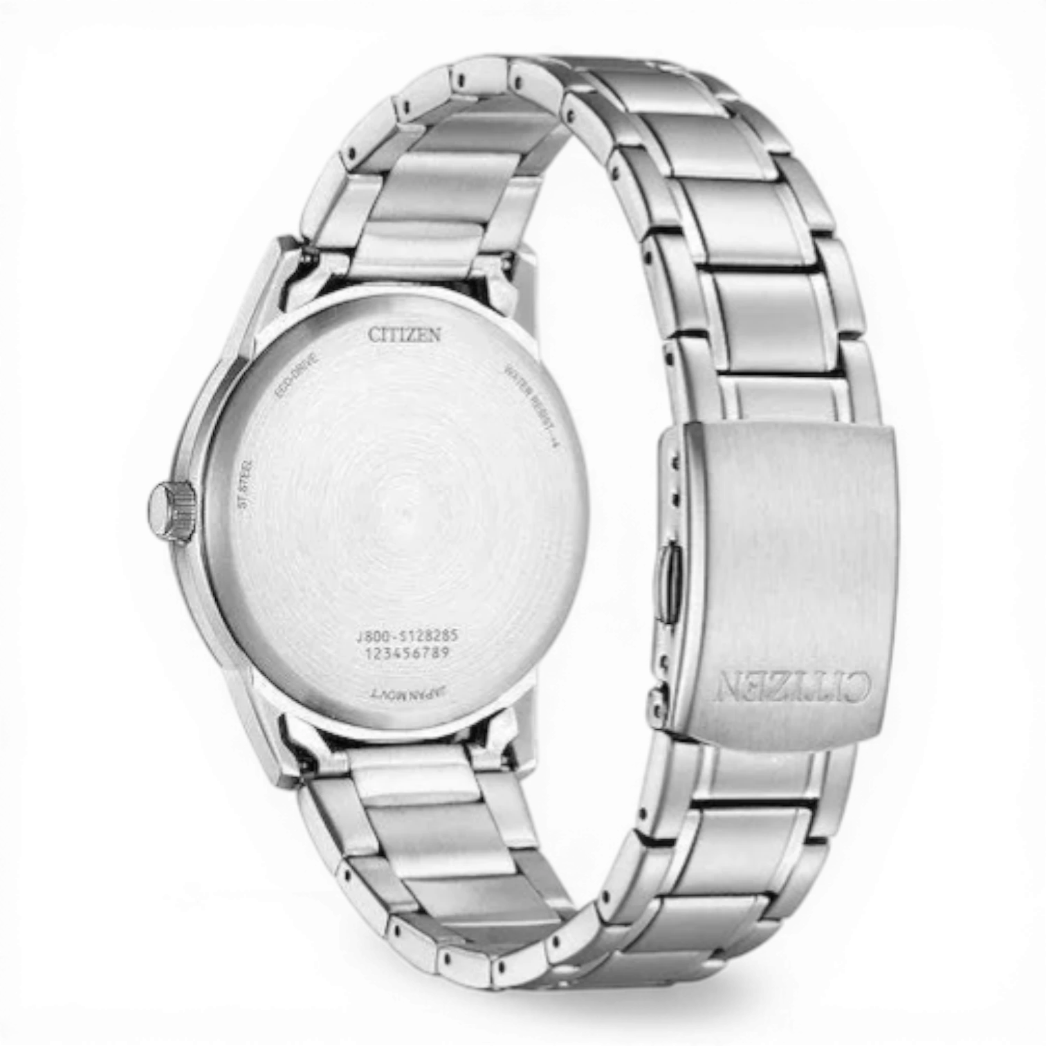 Citizen men's stainless steel Eco-Drive watch with blue dial, date, and day functions.