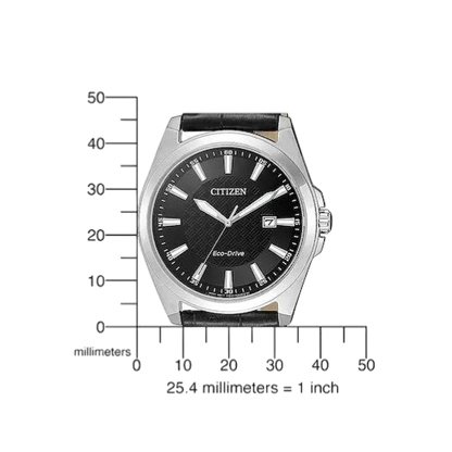 Citizen Herrenuhr Solar mit Lederarmband in Schwarz. Elegantes Design mit Eco-Drive-Technologie, silbernem Gehäuse und Datumsanzeige.