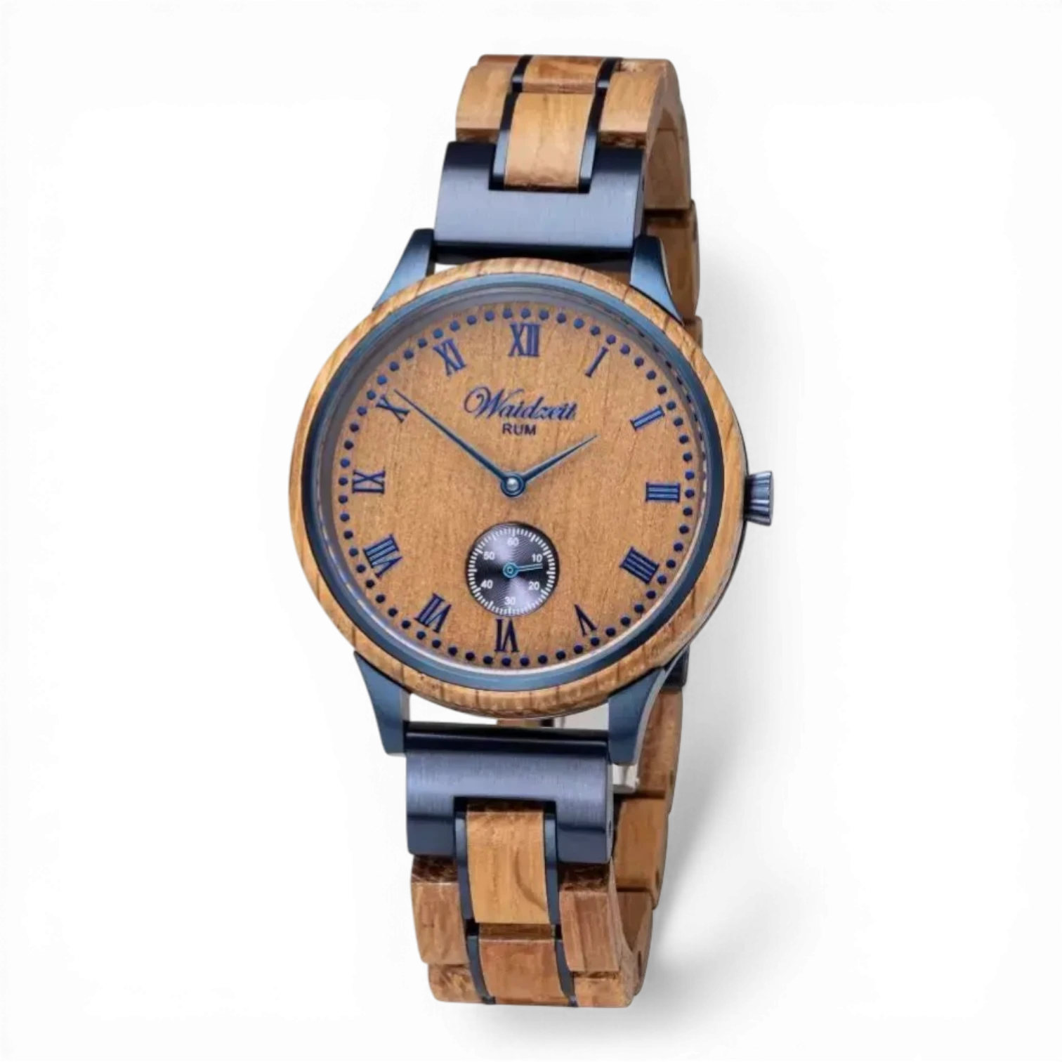 Damen-Holzuhr Quarz – Zifferblatt in Blau – Gehäuse aus Rumfass-Holz – Bendixen-Braun | Dein Juwelier in Augsburg