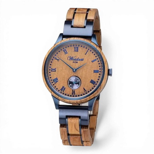 Damen-Holzuhr Quarz – Zifferblatt in Blau – Gehäuse aus Rumfass-Holz – Bendixen-Braun | Dein Juwelier in Augsburg