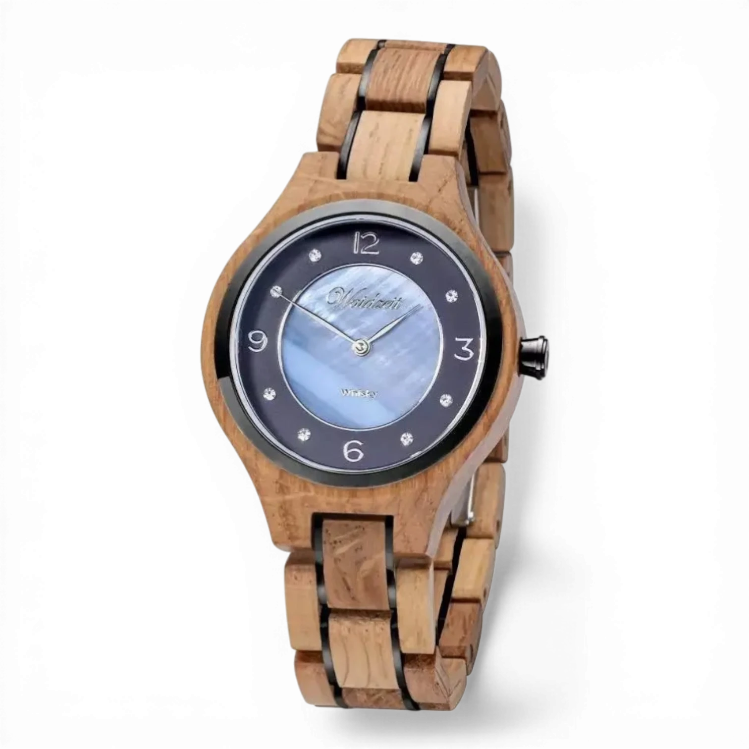 Damenuhr Quarz Gehäuse aus Whiskyfass-Holz – Zifferblatt mit Perlmutt – Bendixen-Braun | Dein Juwelier in Augsburg