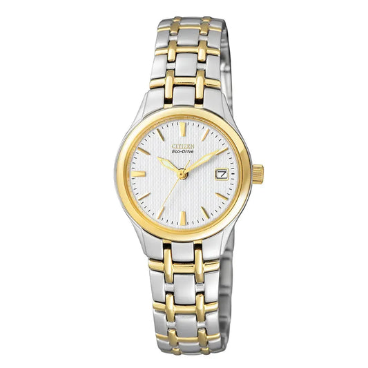 Citizen Damen-Solaruhr Bicolor Gold-Silber mit weißem Zifferblatt.