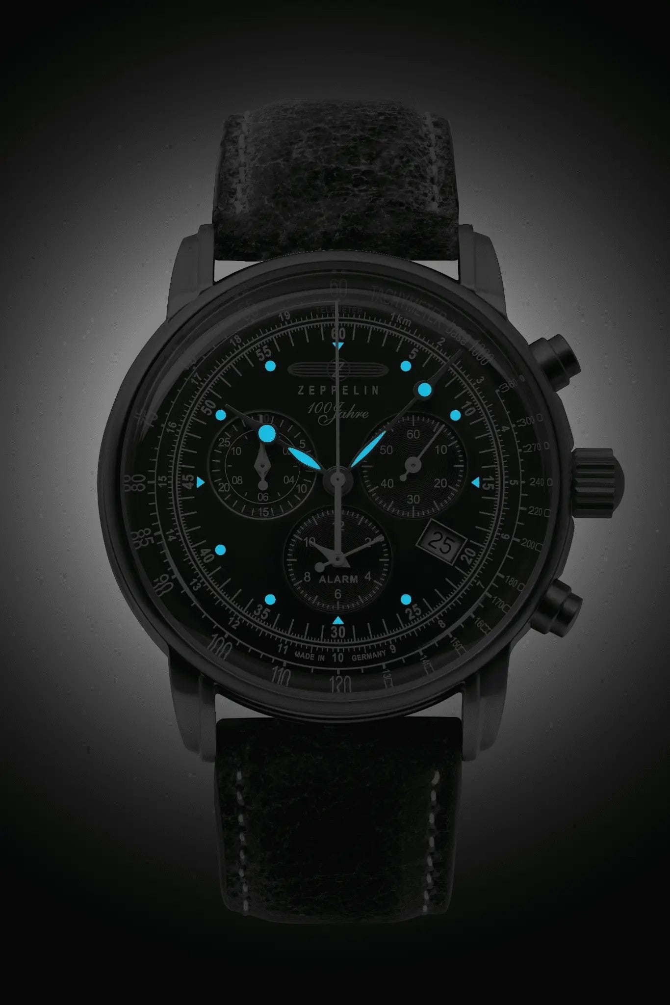 Bendixen-Braun men's chronograph watch with green dial, tachymeter, alarm, and date. Features luminous hands and indices.