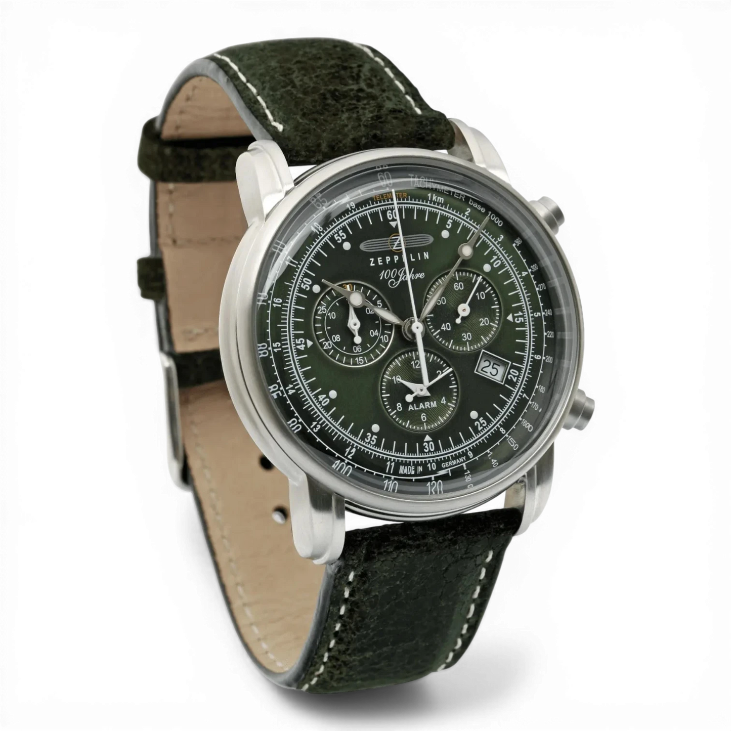 Bendixen-Braun men's green dial chronograph watch with tachymeter, alarm, date, and stainless steel case.