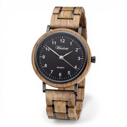 Herren Holzuhr aus Whiskyfassholz – Quarzwerk – Schwarz – Bendixen-Braun | Dein Juwelier in Augsburg