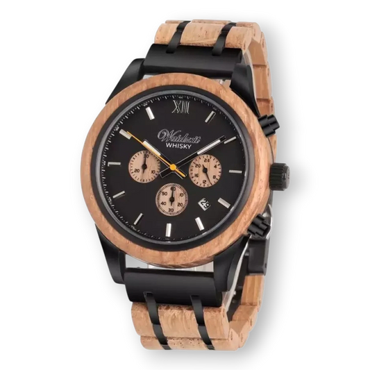 Herrenuhr Quarz-Chronograph – Gehäuse aus Whiskyfass-Holz – Schwarz – Bendixen-Braun | Dein Juwelier in Augsburg