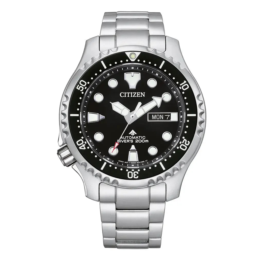 Citizen Herren-Automatikuhr Promaster Marine mit Edelstahlarmband und schwarzem Zifferblatt. Wasserdicht bis 200m, ideal für Taucher.