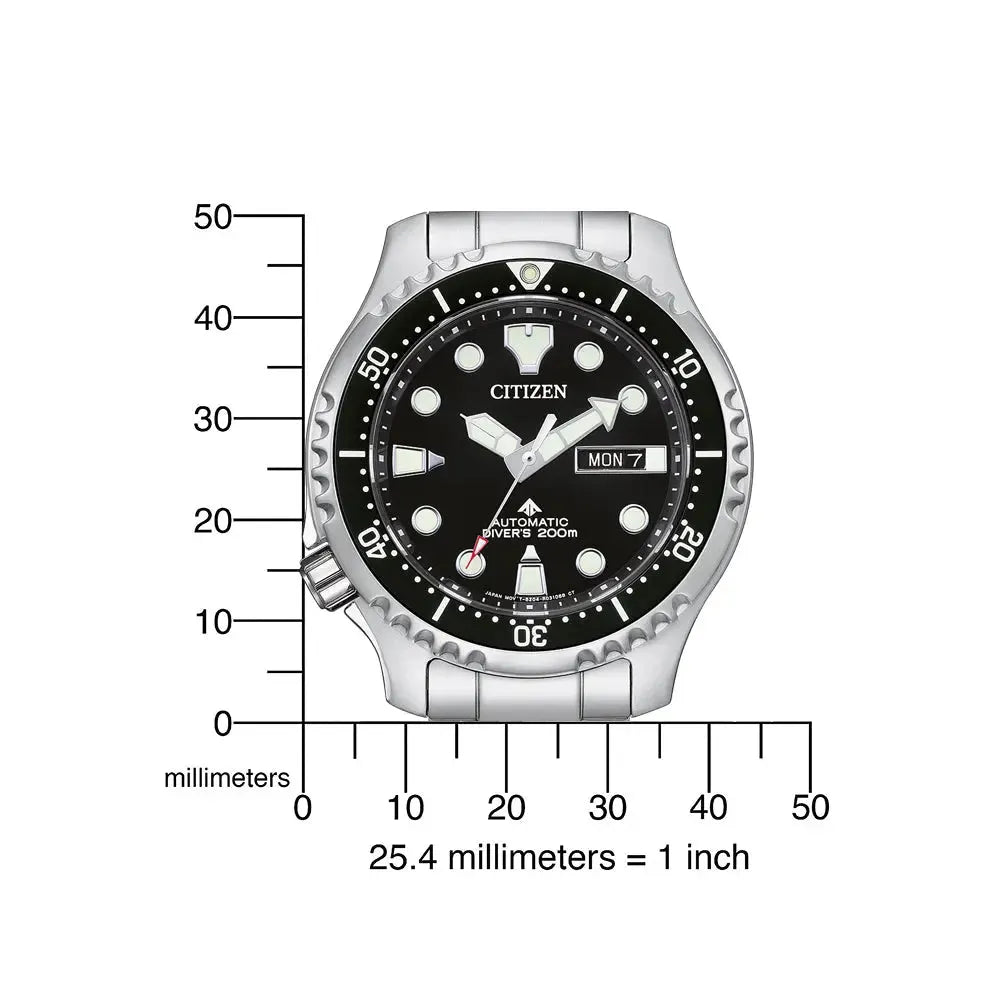 Citizen Herren-Automatikuhr Promaster Marine mit Maßangaben. Robuste Taucheruhr mit 200m Wasserdichtigkeit und präzisem Automatikwerk.