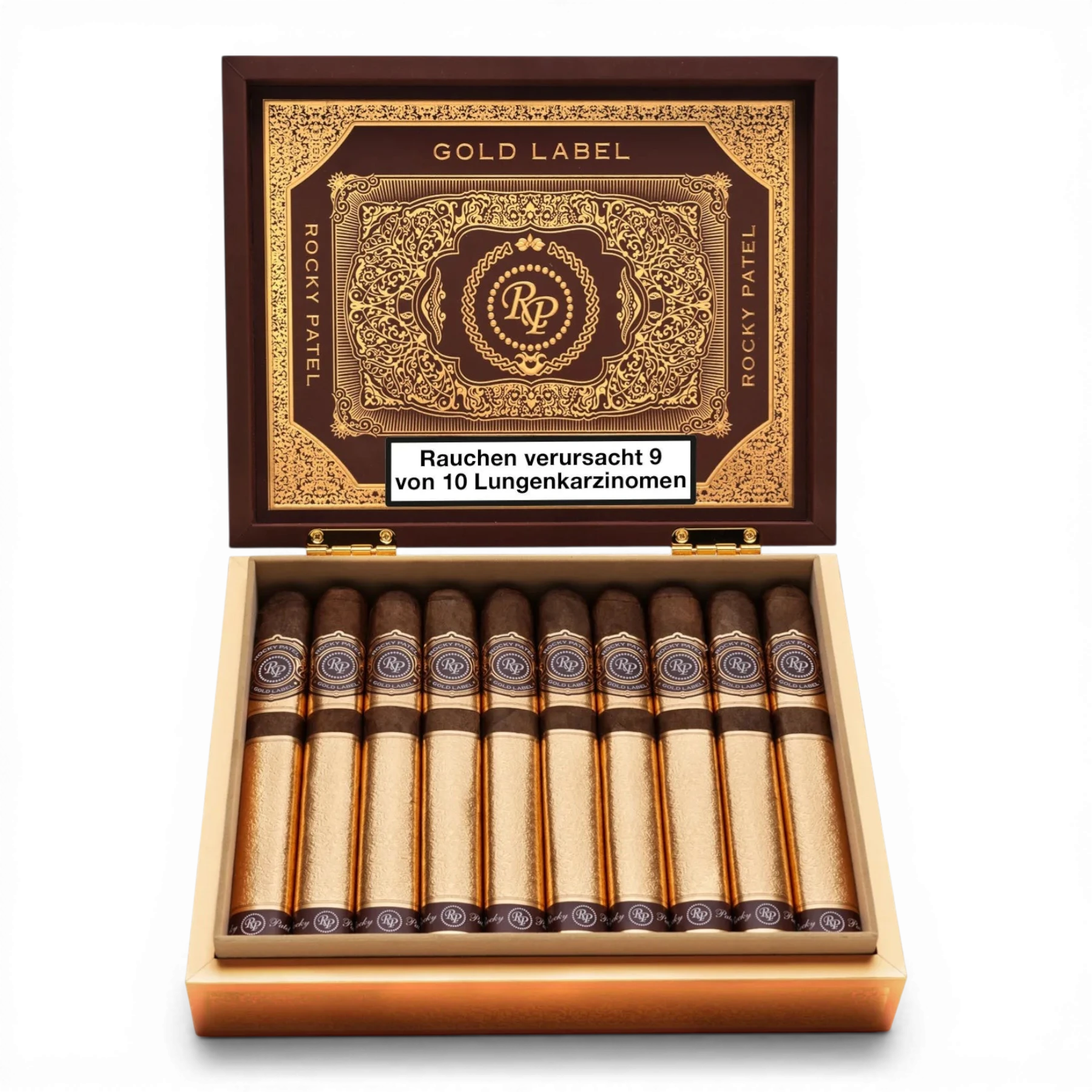 Rocky Patel Gold Label – Zigarrenkiste geöffnet – Bendixen-Braun | Dein Zigarrenfachgeschäft in Augsburg