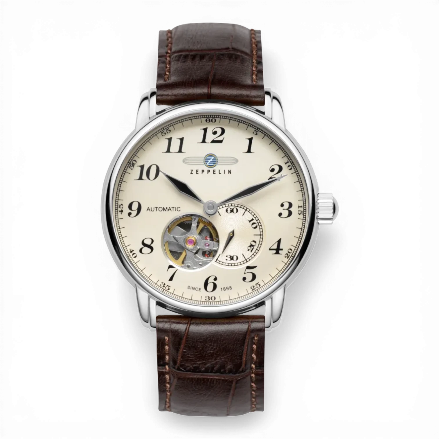 Zeppelin Automatik Armbanduhr mit open heart, klassischem Zifferblatt und braunem Lederarmband. Elegante Herrenuhr bei Bendixen-Braun.