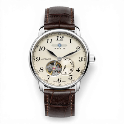 Zeppelin Automatik Armbanduhr mit open heart, klassischem Zifferblatt und braunem Lederarmband. Elegante Herrenuhr bei Bendixen-Braun.