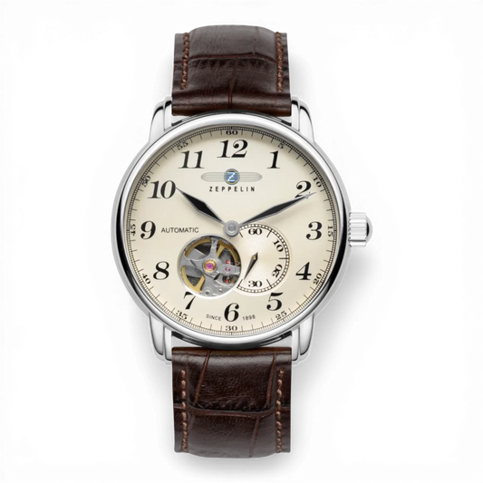 Zeppelin Automatik Armbanduhr mit open heart, klassischem Zifferblatt und braunem Lederarmband. Elegante Herrenuhr bei Bendixen-Braun.