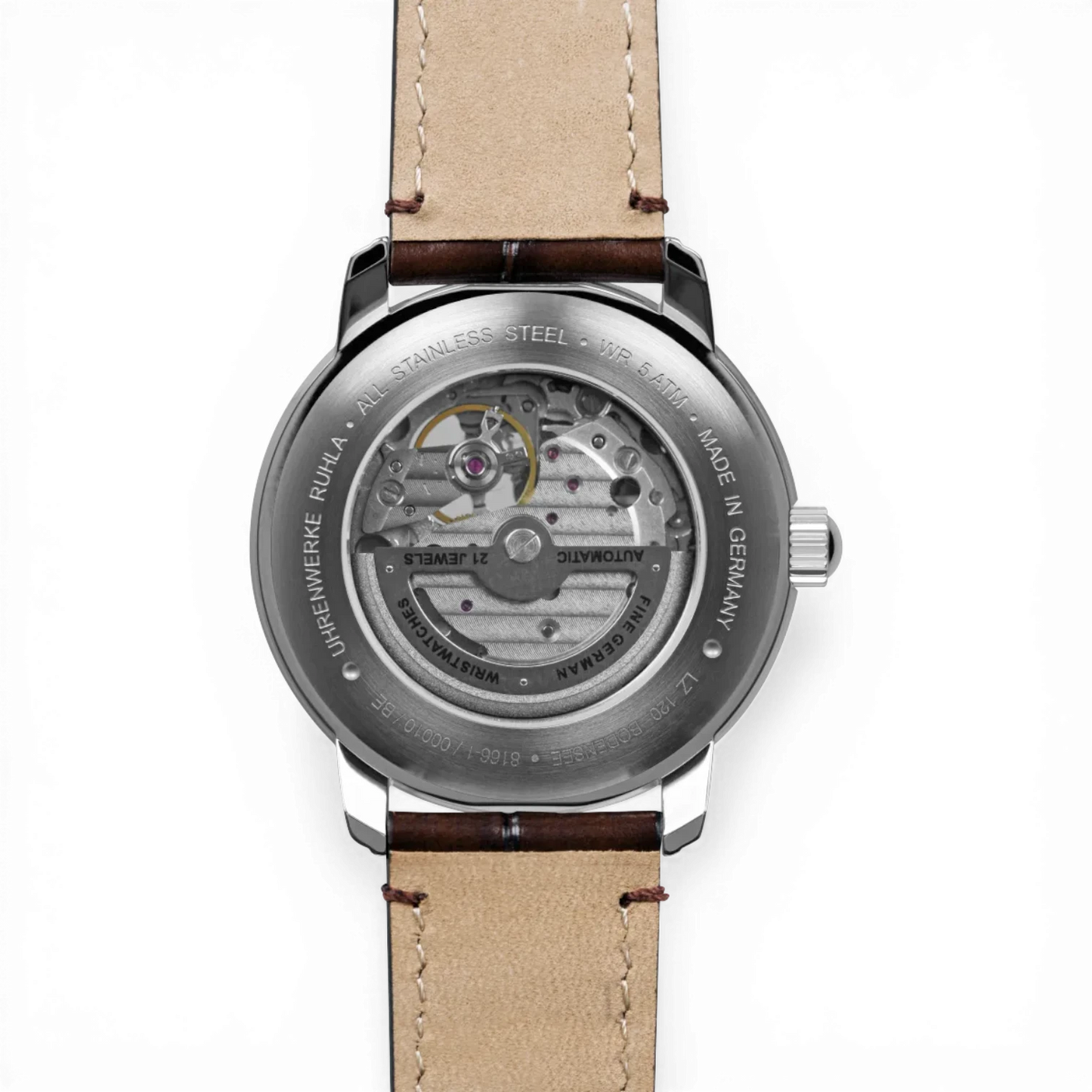 Rückseite der Zeppelin Automatik-Armbanduhr mit skelettiertem Gehäuseboden. Hochwertige Verarbeitung und Einblick in das mechanische Uhrwerk.