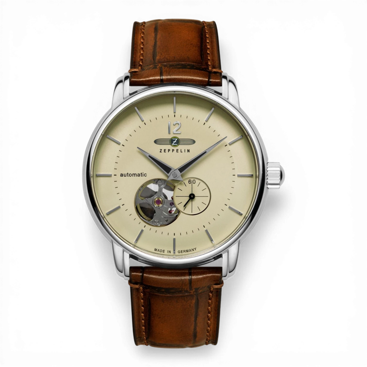 Zeppelin Automatik-Armbanduhr mit open heart und beigem Zifferblatt. Elegante Herrenuhr mit braunem Lederarmband, erhältlich bei Bendixen-Braun.