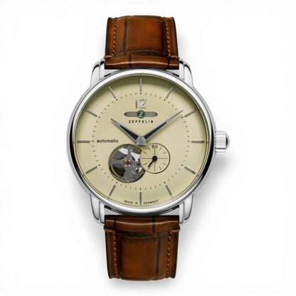 Zeppelin Automatik-Armbanduhr mit open heart und beigem Zifferblatt. Elegante Herrenuhr mit braunem Lederarmband, erhältlich bei Bendixen-Braun.