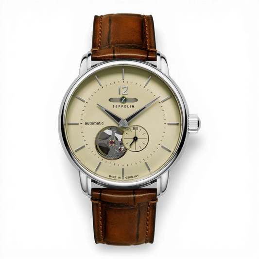 Zeppelin Automatik-Armbanduhr mit open heart und beigem Zifferblatt. Elegante Herrenuhr mit braunem Lederarmband, erhältlich bei Bendixen-Braun.