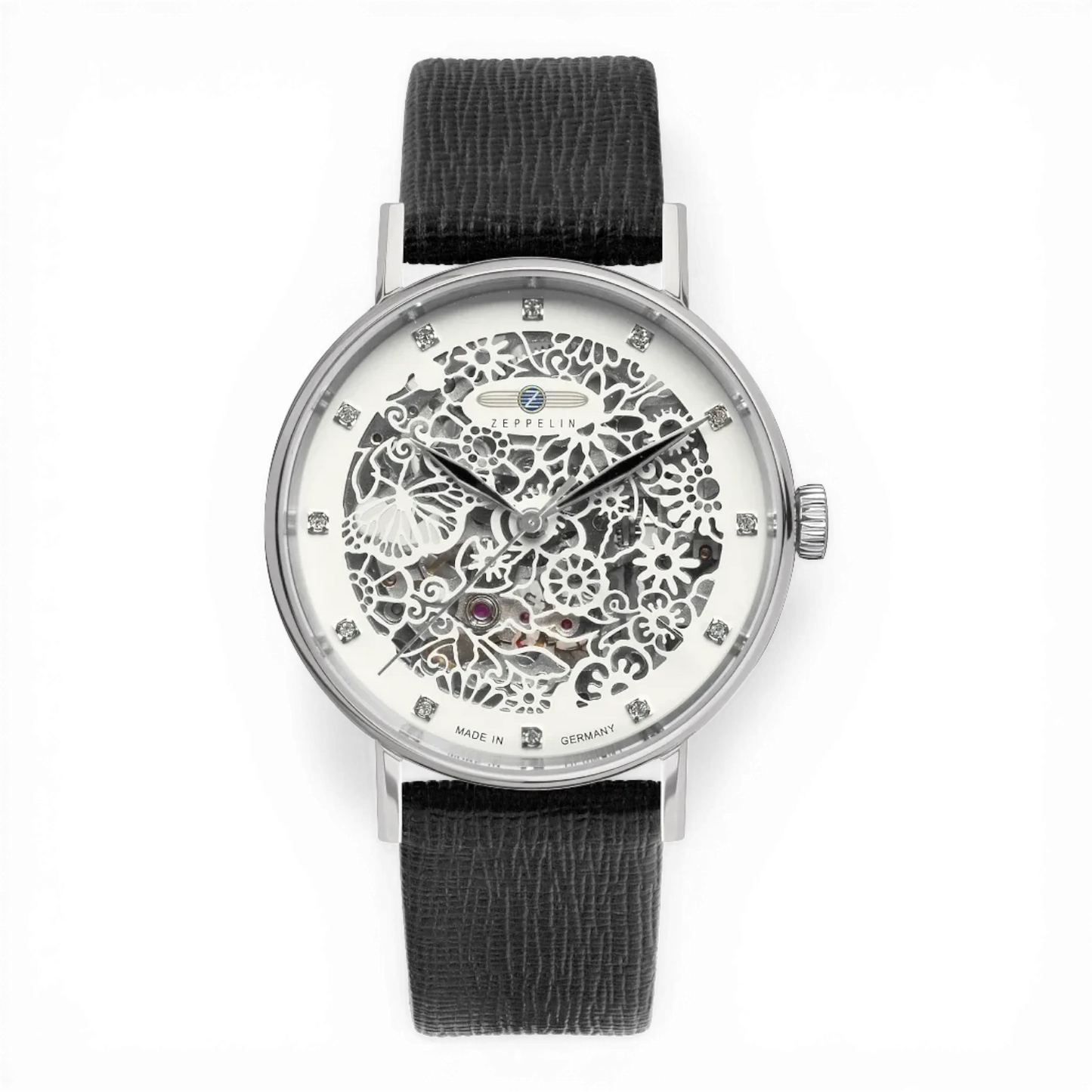 Zeppelin Damenuhr Automatik mit skelettiertem Zifferblatt und schwarzem Lederarmband. Elegantes Design mit sichtbarem Uhrwerk und funkelnden Indizes.