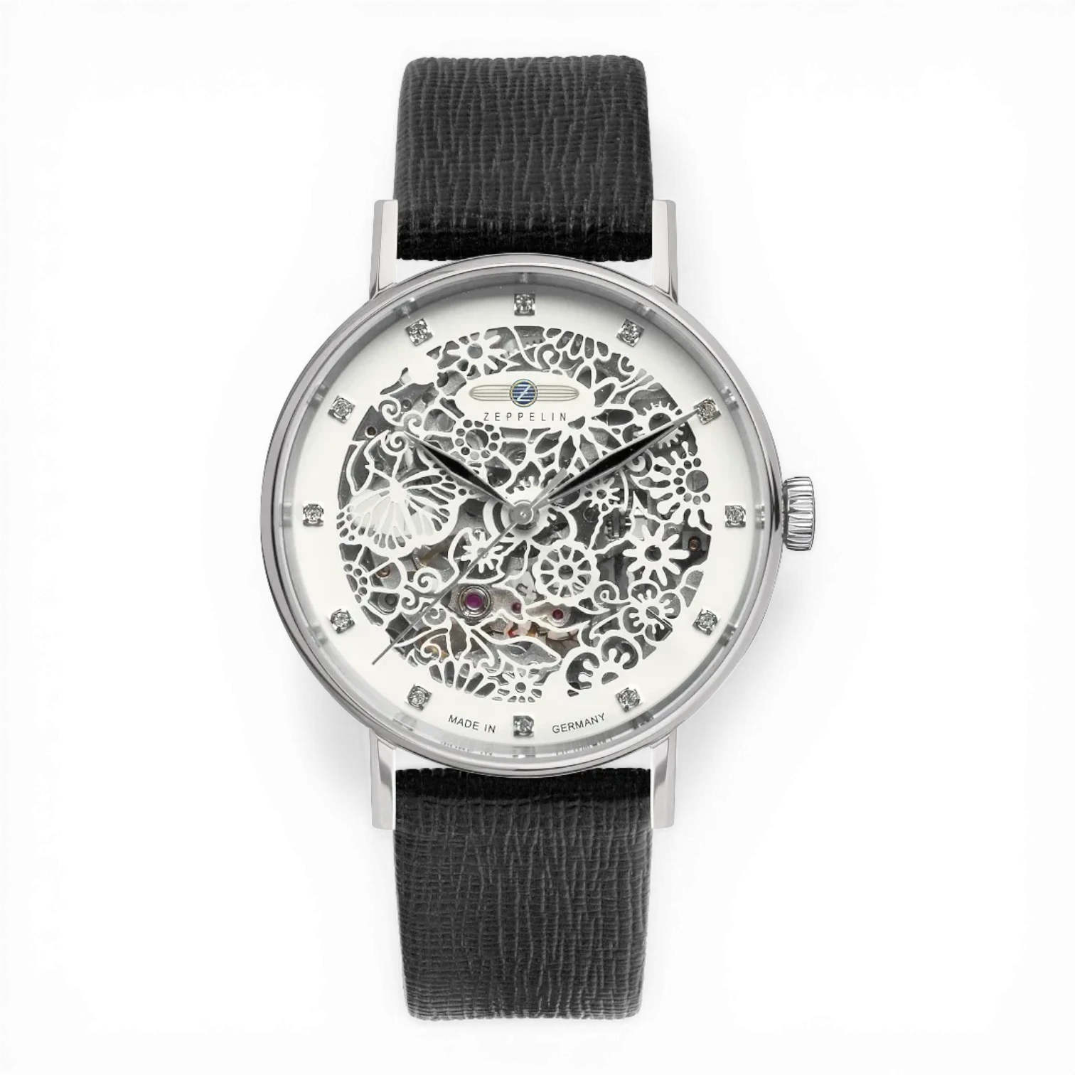 Zeppelin Damenuhr Automatik mit skelettiertem Zifferblatt und schwarzem Lederarmband. Elegantes Design mit sichtbarem Uhrwerk und funkelnden Indizes.