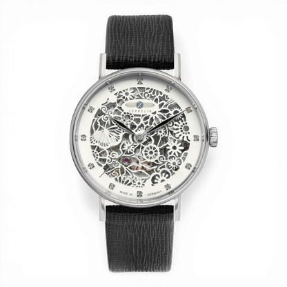 Zeppelin Damenuhr Automatik mit skelettiertem Zifferblatt und schwarzem Lederarmband. Elegantes Design mit sichtbarem Uhrwerk und funkelnden Indizes.