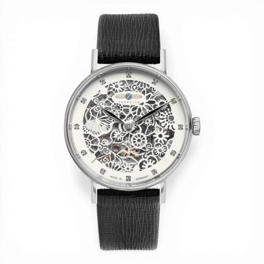 Zeppelin Damenuhr Automatik mit skelettiertem Zifferblatt und schwarzem Lederarmband. Elegantes Design mit sichtbarem Uhrwerk und funkelnden Indizes.