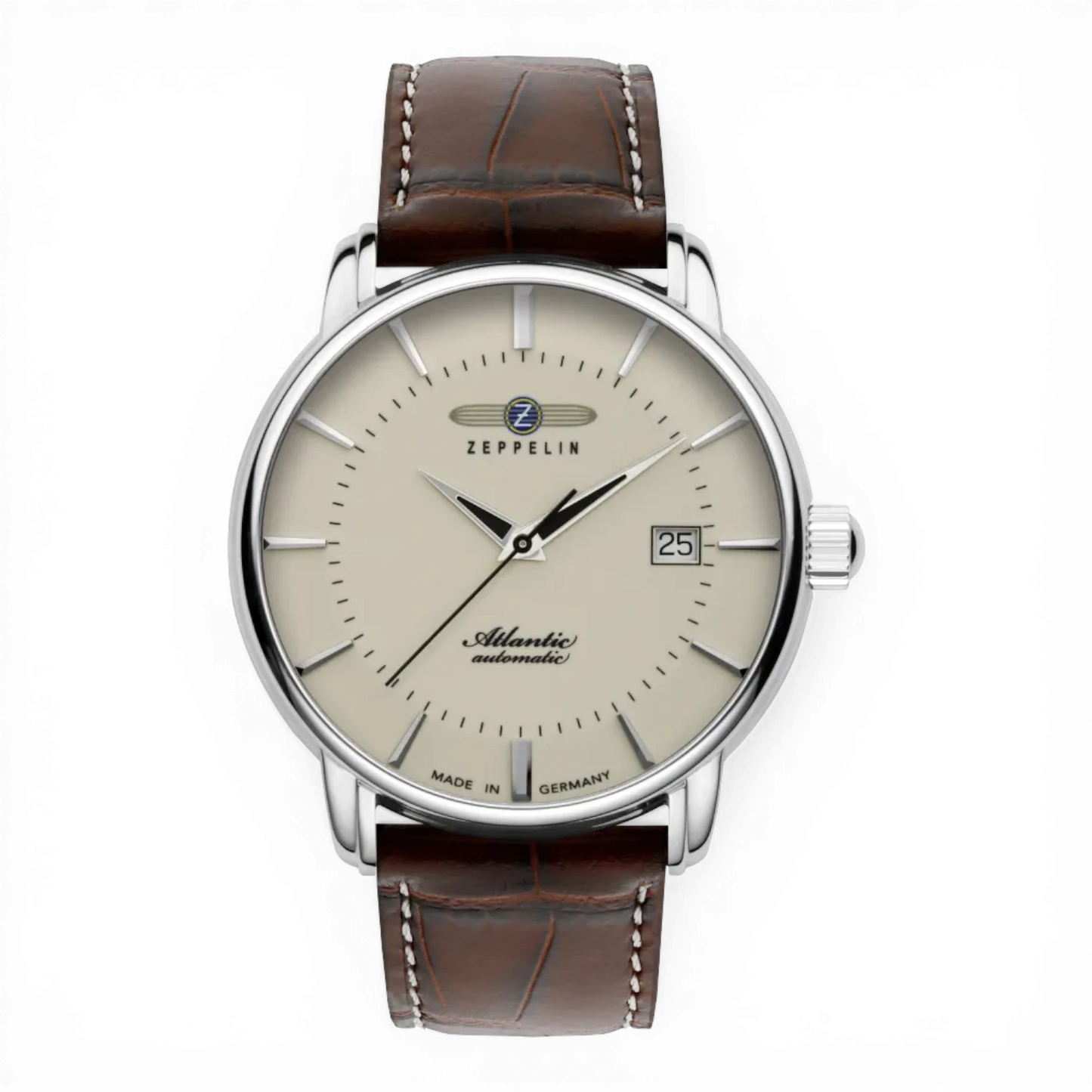 Zeppelin Herren Automatik-Armbanduhr mit Lederband und cremefarbenem Zifferblatt. Klassisches Design mit Datumsanzeige und Edelstahlgehäuse.