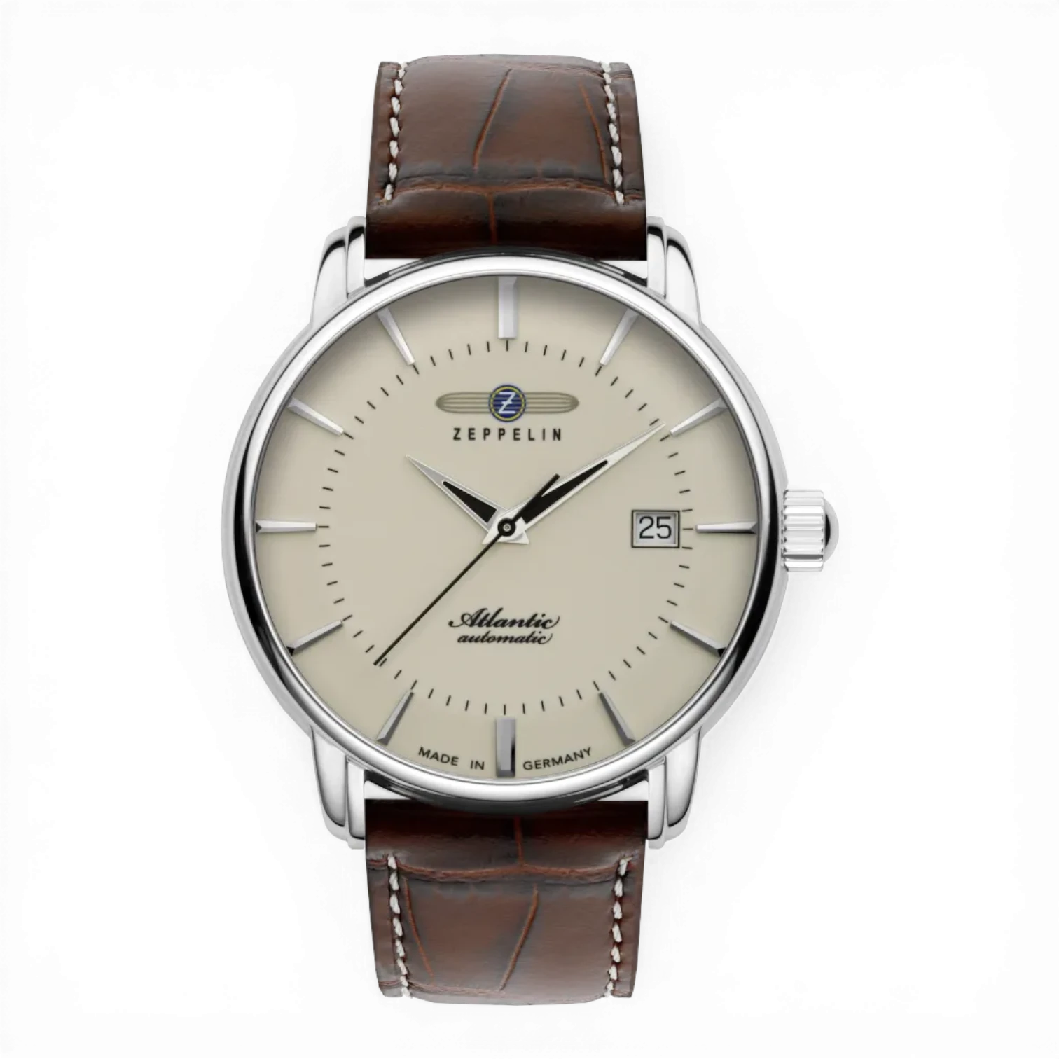 Zeppelin Herren Automatik-Armbanduhr mit Lederband und cremefarbenem Zifferblatt. Klassisches Design mit Datumsanzeige und Edelstahlgehäuse.