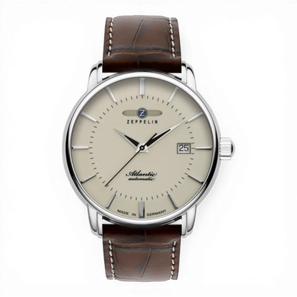 Zeppelin Herren Automatik-Armbanduhr mit Lederband und cremefarbenem Zifferblatt. Klassisches Design mit Datumsanzeige und Edelstahlgehäuse.