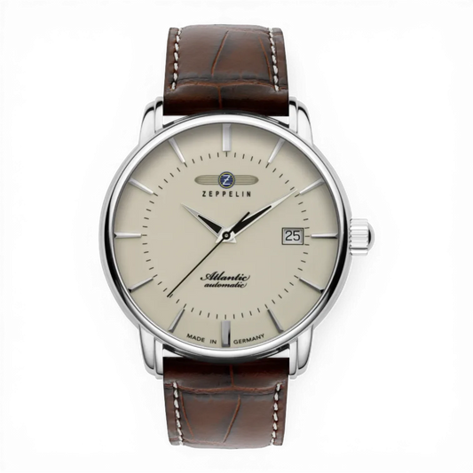 Zeppelin Herren Automatik-Armbanduhr mit Lederband und cremefarbenem Zifferblatt. Klassisches Design mit Datumsanzeige und Edelstahlgehäuse.