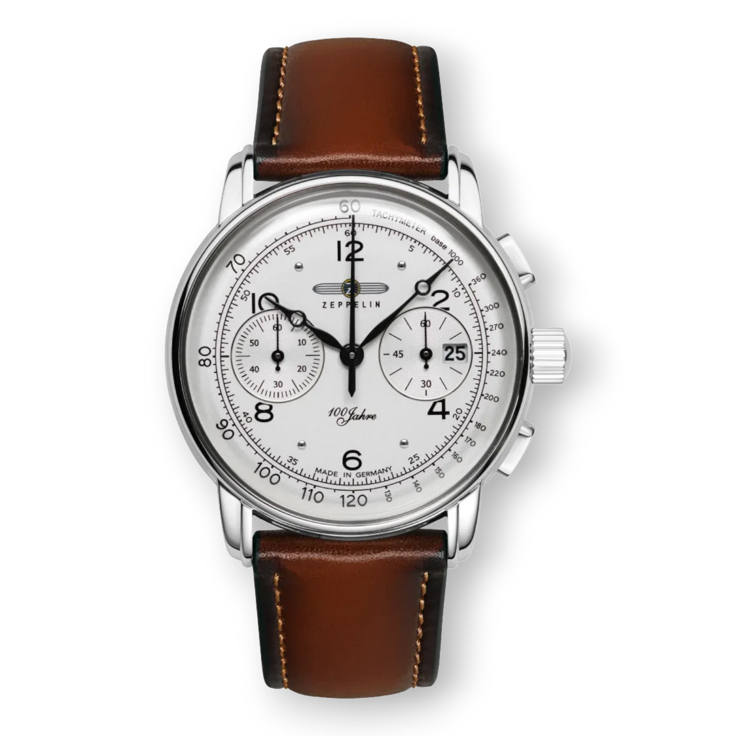 Zeppelin Herren Quarz-Chronograph mit cognacfarbenem Lederarmband und silbernem Gehäuse. Elegante Herrenuhr mit Stoppfunktion und Tachymeter-Skala.