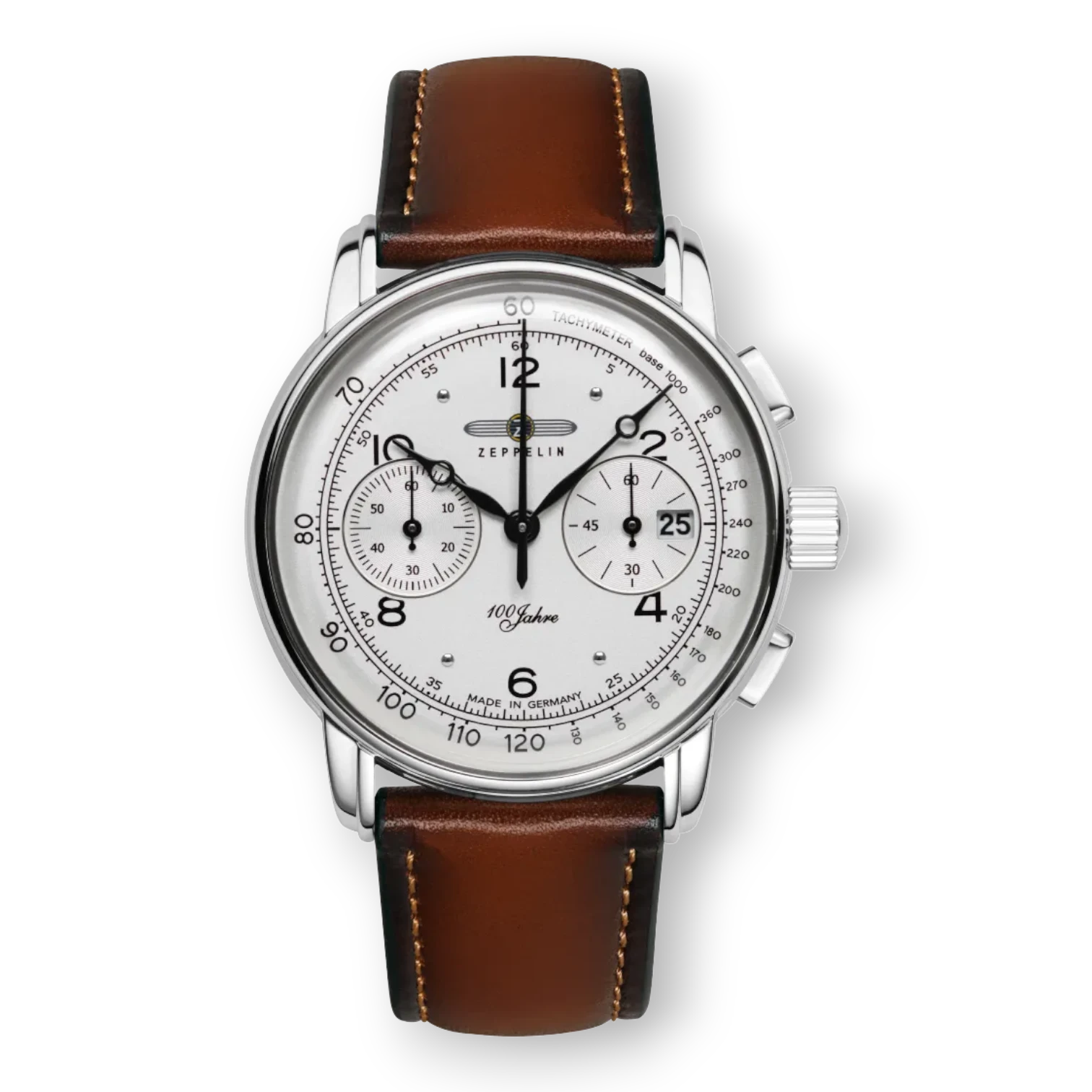 Zeppelin Herren Quarz-Chronograph mit cognacfarbenem Lederarmband und silbernem Gehäuse. Elegante Herrenuhr mit Stoppfunktion und Tachymeter-Skala.