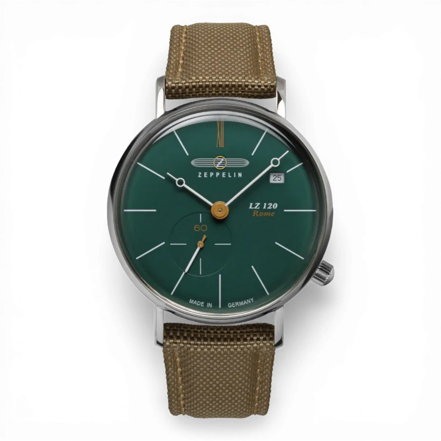 Zeppelin Herren Quarzuhr mit kleiner Sekunde in Grün, elegantes Design mit Lederarmband. Erhältlich bei Bendixen-Braun, Ihrem Juwelier in Augsburg.
