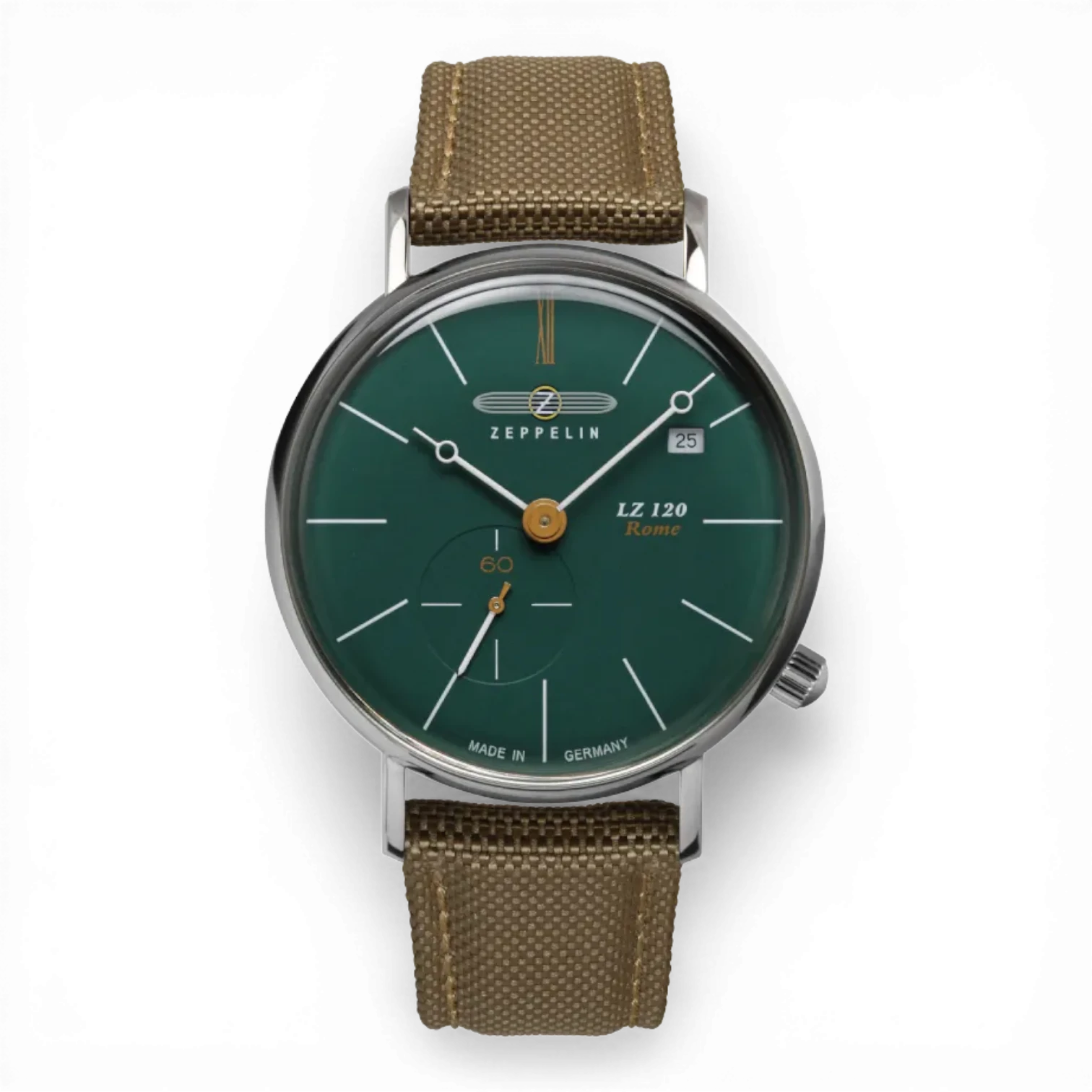 Zeppelin Herren Quarzuhr mit kleiner Sekunde in Grün, elegantes Design mit Lederarmband. Erhältlich bei Bendixen-Braun, Ihrem Juwelier in Augsburg.