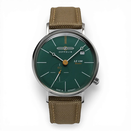 Zeppelin Herren Quarzuhr mit kleiner Sekunde in Grün, elegantes Design mit Lederarmband. Erhältlich bei Bendixen-Braun, Ihrem Juwelier in Augsburg.