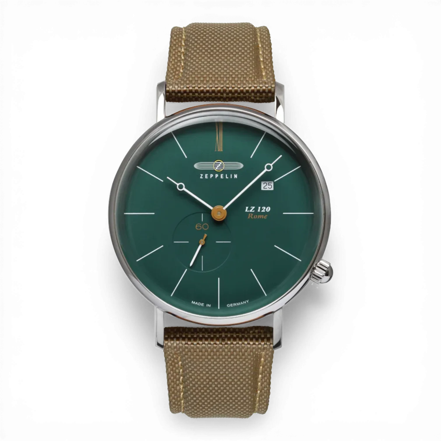 Zeppelin Herrenuhr mit kleiner Sekunde und grünem Zifferblatt, elegantes Design mit braunem Lederarmband. Jetzt bei Bendixen-Braun entdecken.
