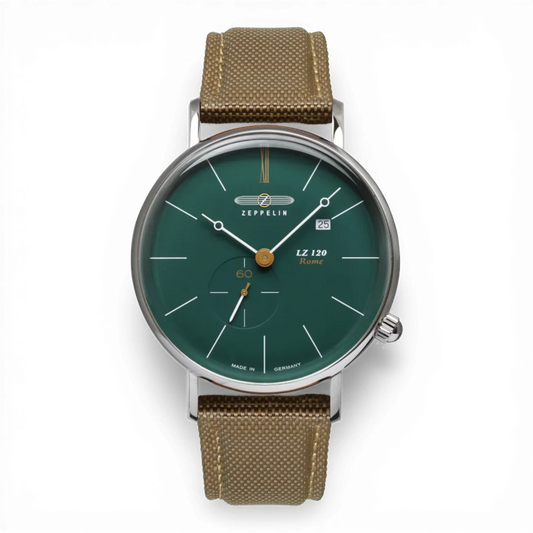 Zeppelin Herrenuhr mit kleiner Sekunde und grünem Zifferblatt, elegantes Design mit braunem Lederarmband. Jetzt bei Bendixen-Braun entdecken.