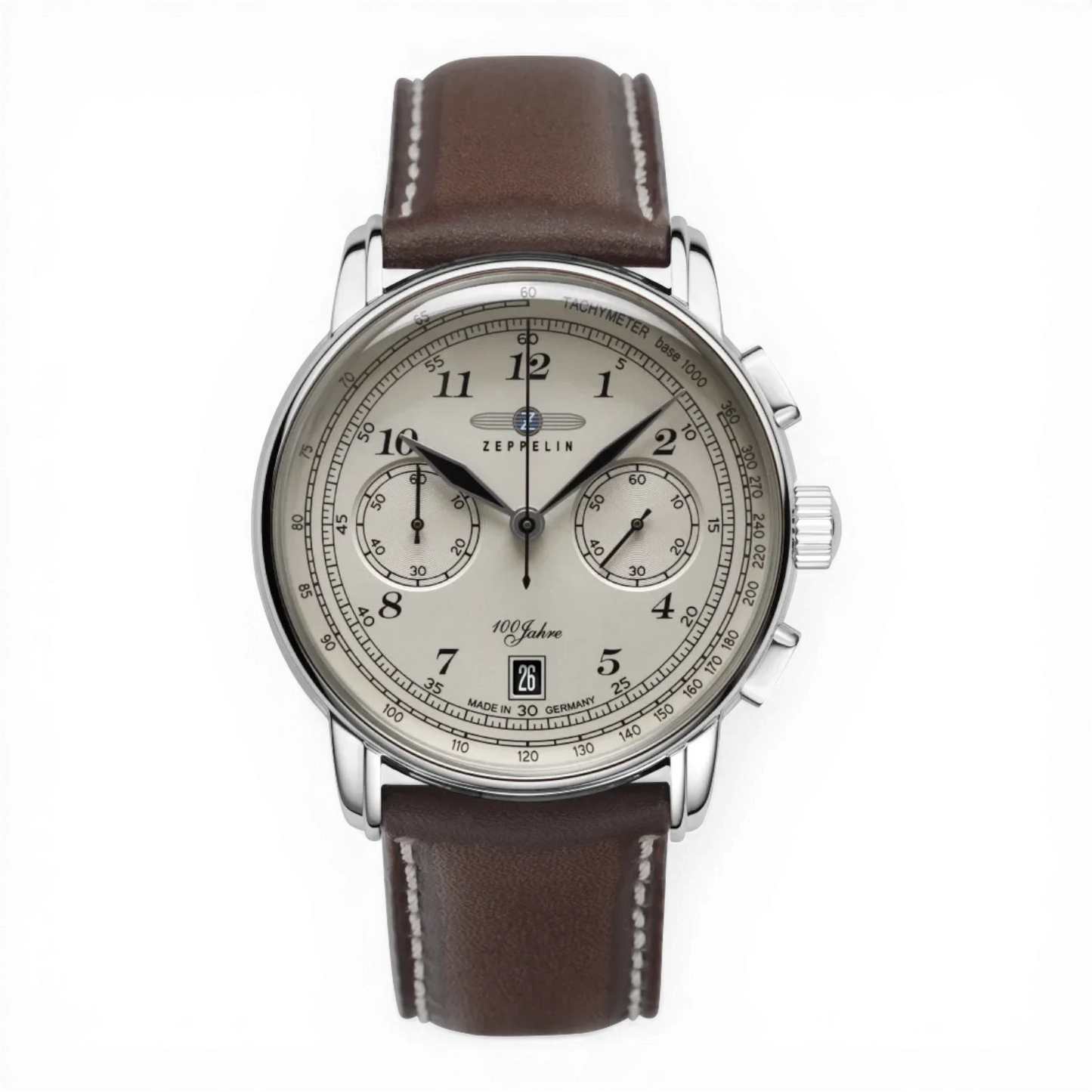 Zeppelin Quarz Herren-Chronograph mit Lederband in Braun. Elegante Herrenuhr mit silbernem Gehäuse, Tachymeter-Skala und Datumsanzeige.