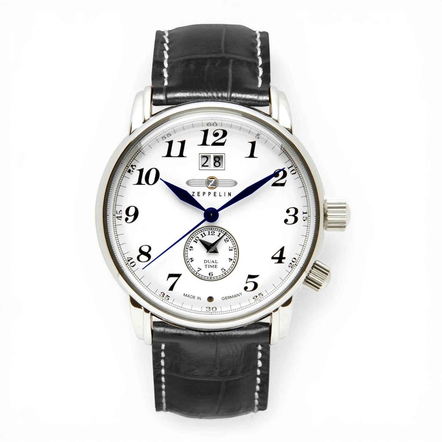Zeppelin Quarzuhr mit zweiter Zeitzone und schwarzem Lederarmband. Elegante Herrenuhr mit Datumsanzeige, ideal für stilbewusste Träger.