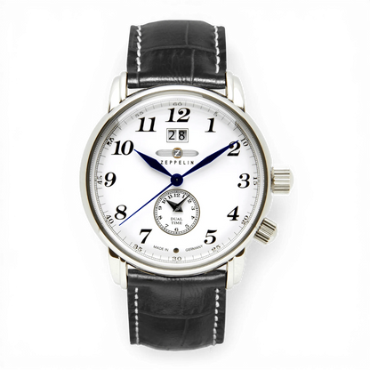Zeppelin Quarzuhr mit zweiter Zeitzone und schwarzem Lederarmband. Elegante Herrenuhr mit Datumsanzeige, ideal für stilbewusste Träger.
