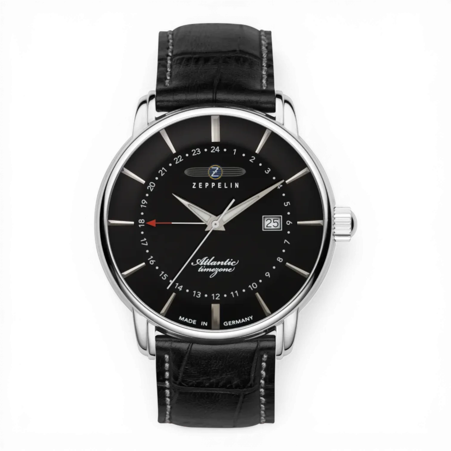 Zeppelin Quarzuhr mit zweiter Zeitzone und schwarzem Zifferblatt. Elegante Herrenuhr mit Lederarmband, ideal für klassische Looks.