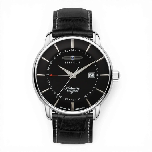 Zeppelin Quarzuhr mit zweiter Zeitzone und schwarzem Zifferblatt. Elegante Herrenuhr mit Lederarmband, ideal für klassische Looks.