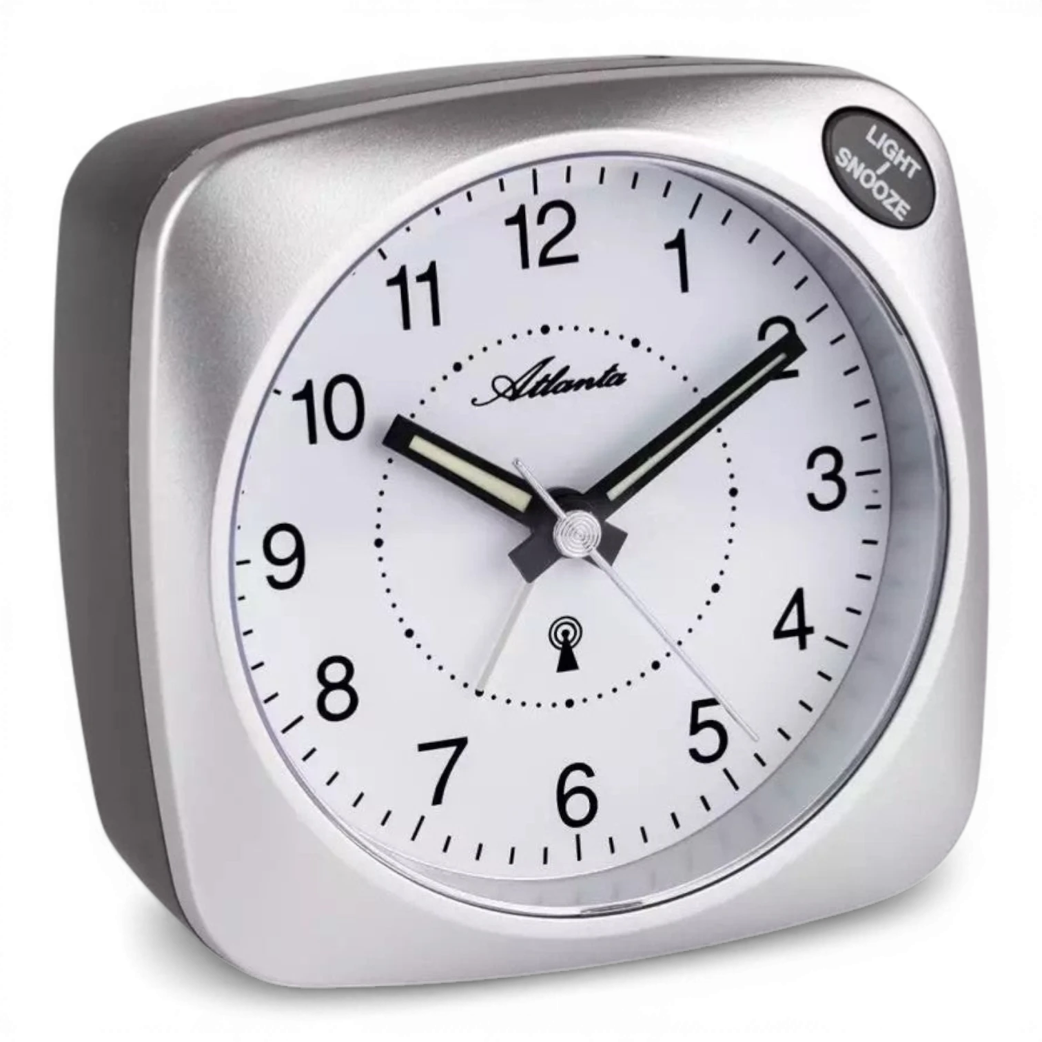 Bendixen-Braun Atlanta silver analog alarm clock with white face, Arabic numerals, and snooze/light button.