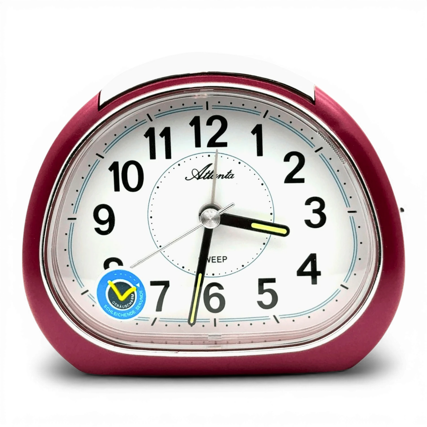 Bendixen-Braun Atlanta dark red quartz alarm clock with white dial, black Arabic numerals, and luminous hands.