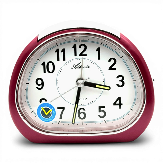 Bendixen-Braun Atlanta dark red quartz alarm clock with white dial, black Arabic numerals, and luminous hands.