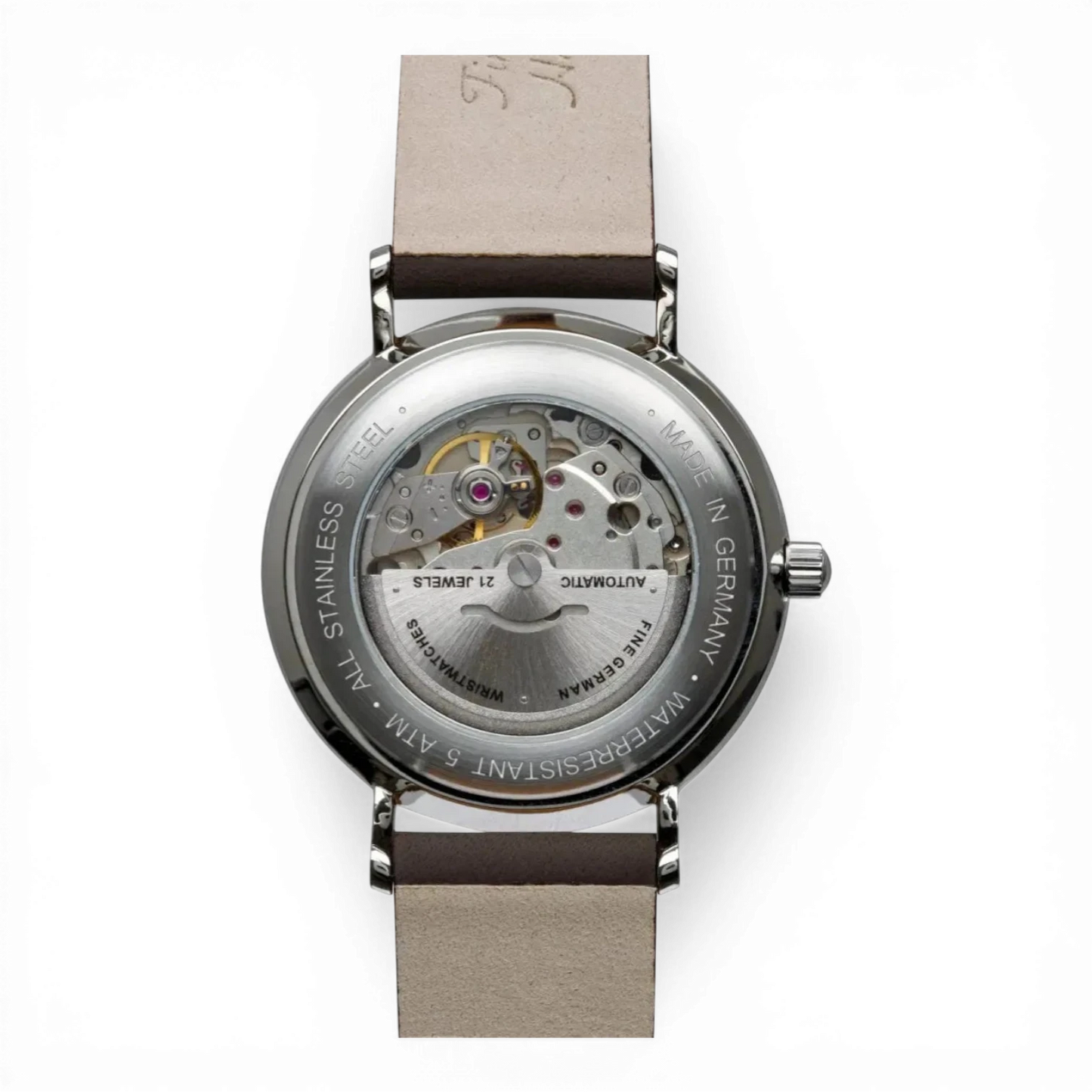 Bendixen-Braun Bauhaus automatic men's watch with stainless steel case, leather strap, and exhibition case back showing the movement.