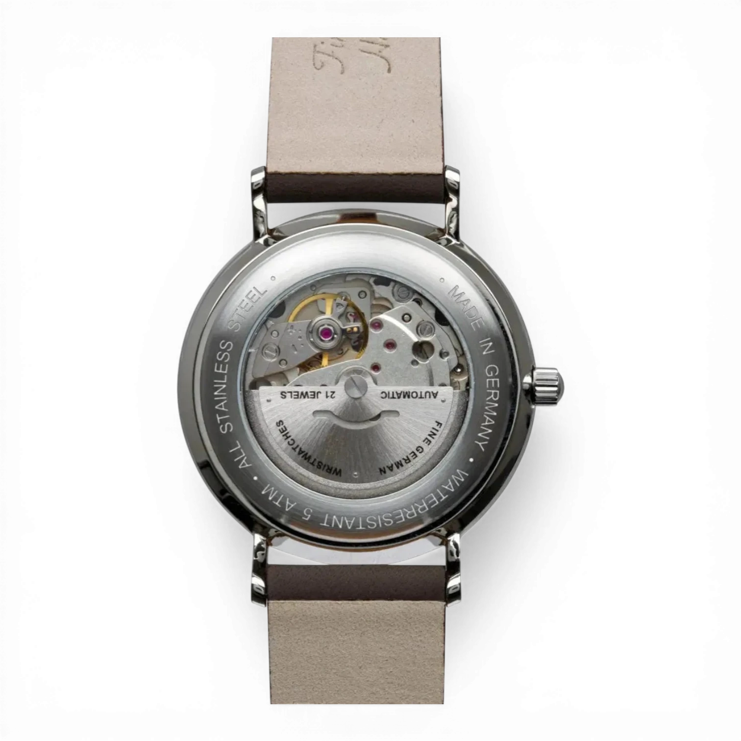 Bendixen-Braun Bauhaus automatic men's watch with stainless steel case, leather strap, and exhibition case back showing the movement.