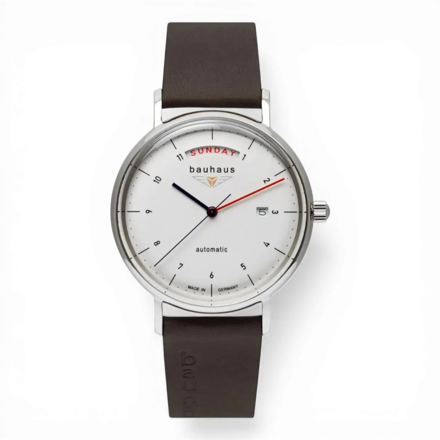 Bendixen-Braun Bauhaus automatic stainless steel men's watch with white dial, large day display, and brown leather strap.