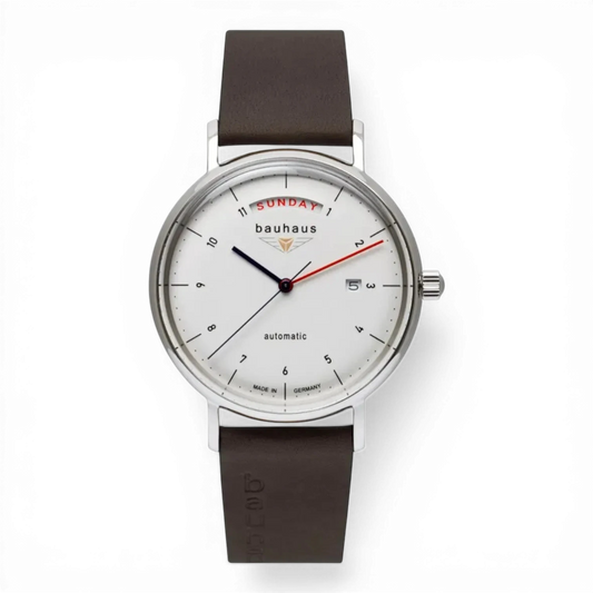 Bendixen-Braun Bauhaus automatic stainless steel men's watch with white dial, large day display, and brown leather strap.