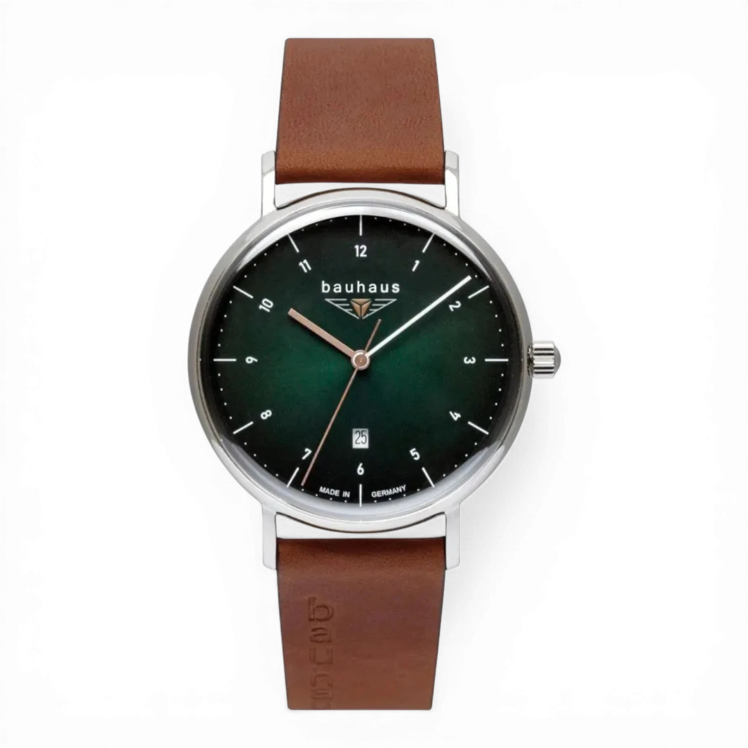 Bendixen-Braun Bauhaus men's watch with dark green dial, date window, and cognac leather strap. Features white numerals and two-tone hands.